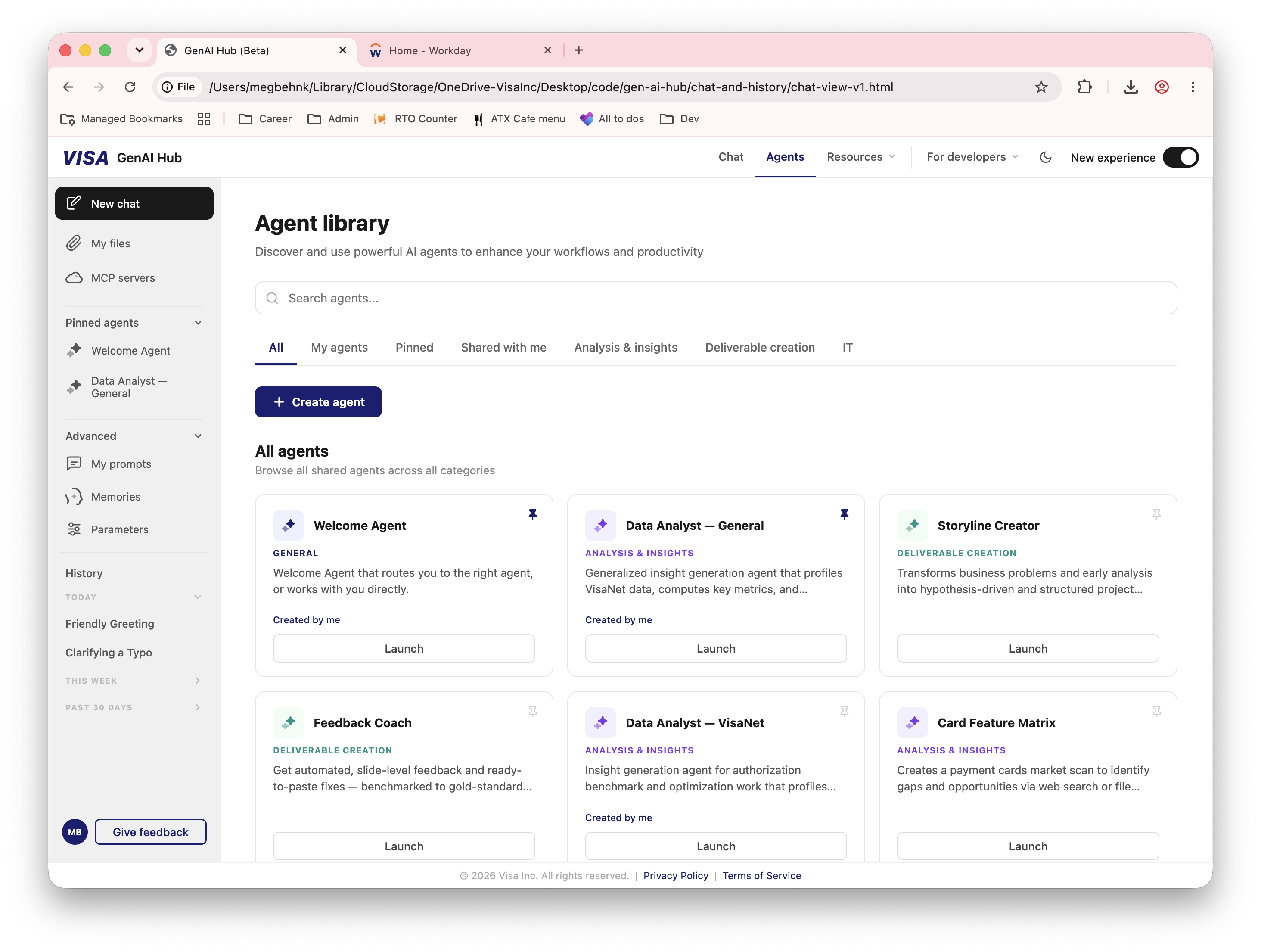 GenAI Hub agent library with search, category tabs, and agent cards