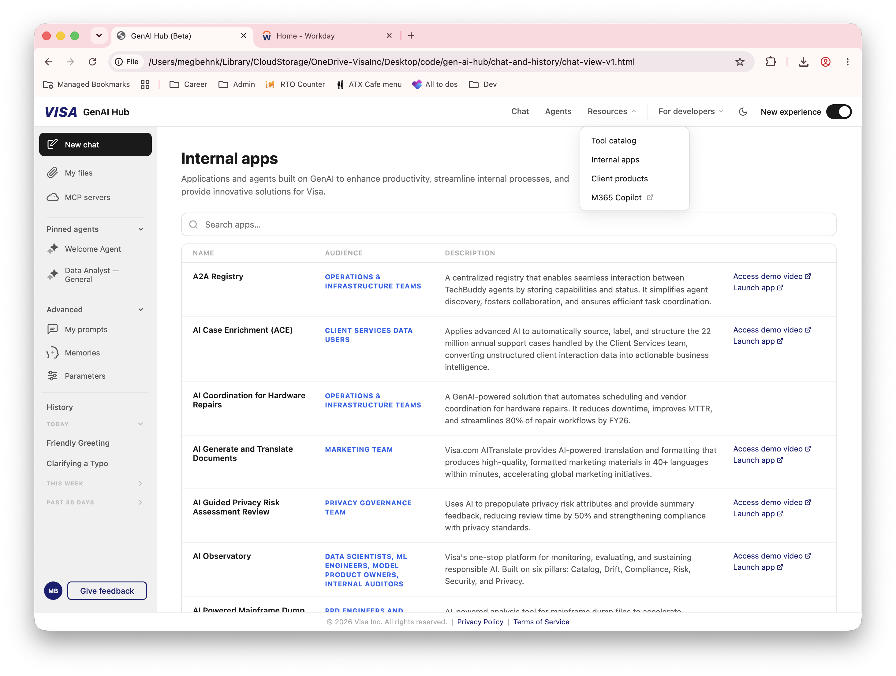 GenAI Hub internal apps directory with audience and description columns and the Resources menu expanded