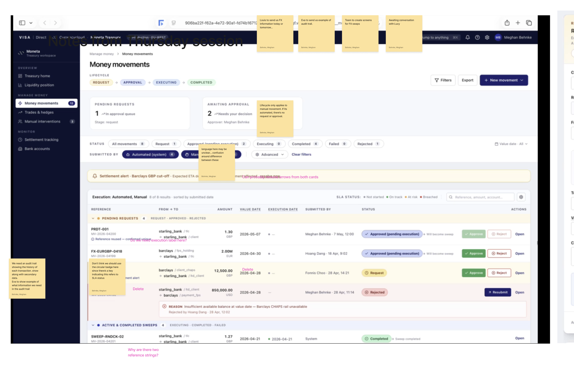 Annotated Replit money-movements prototype with stakeholder questions and design notes