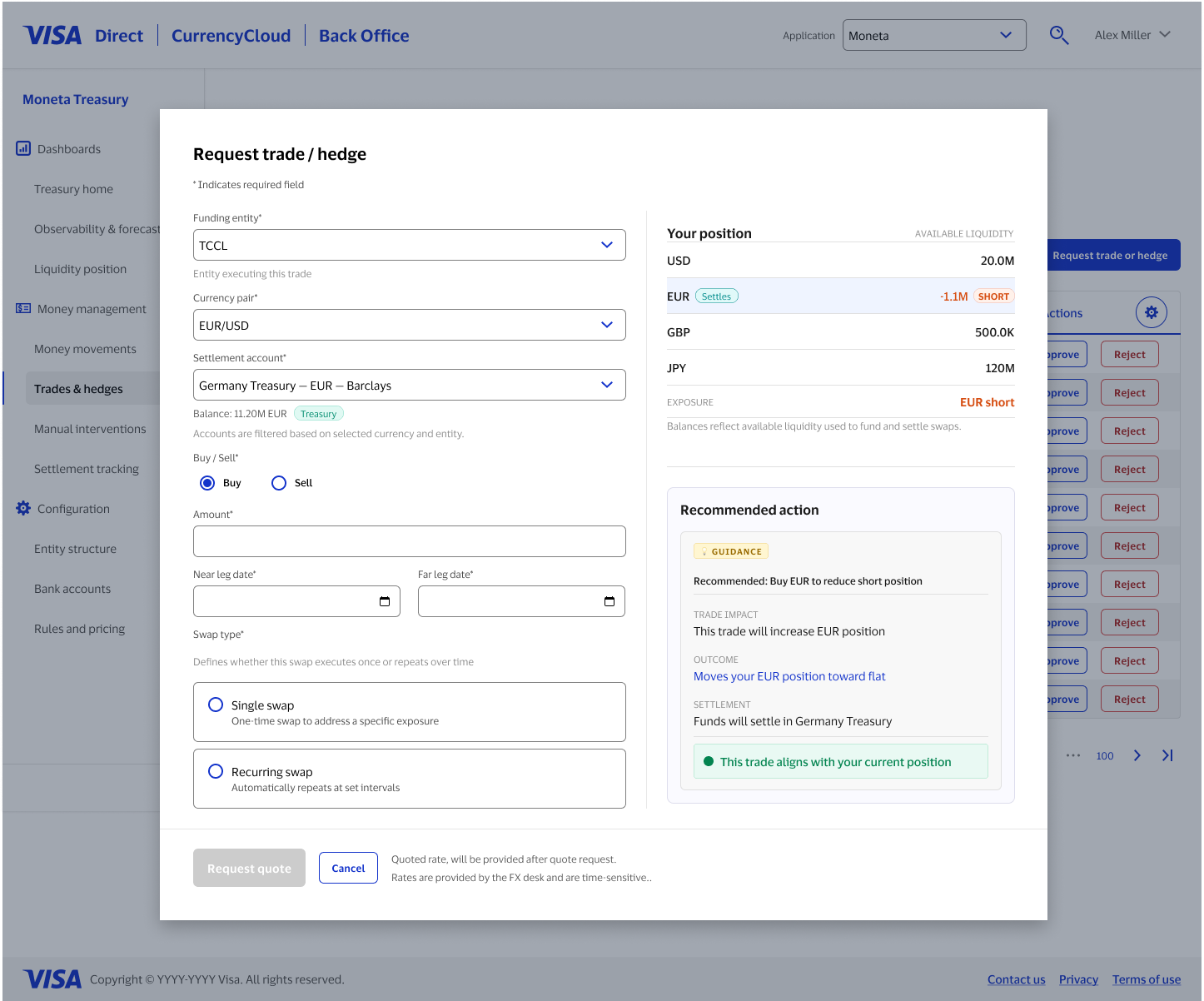 Polished trade and hedge request modal showing form fields alongside liquidity position and guidance