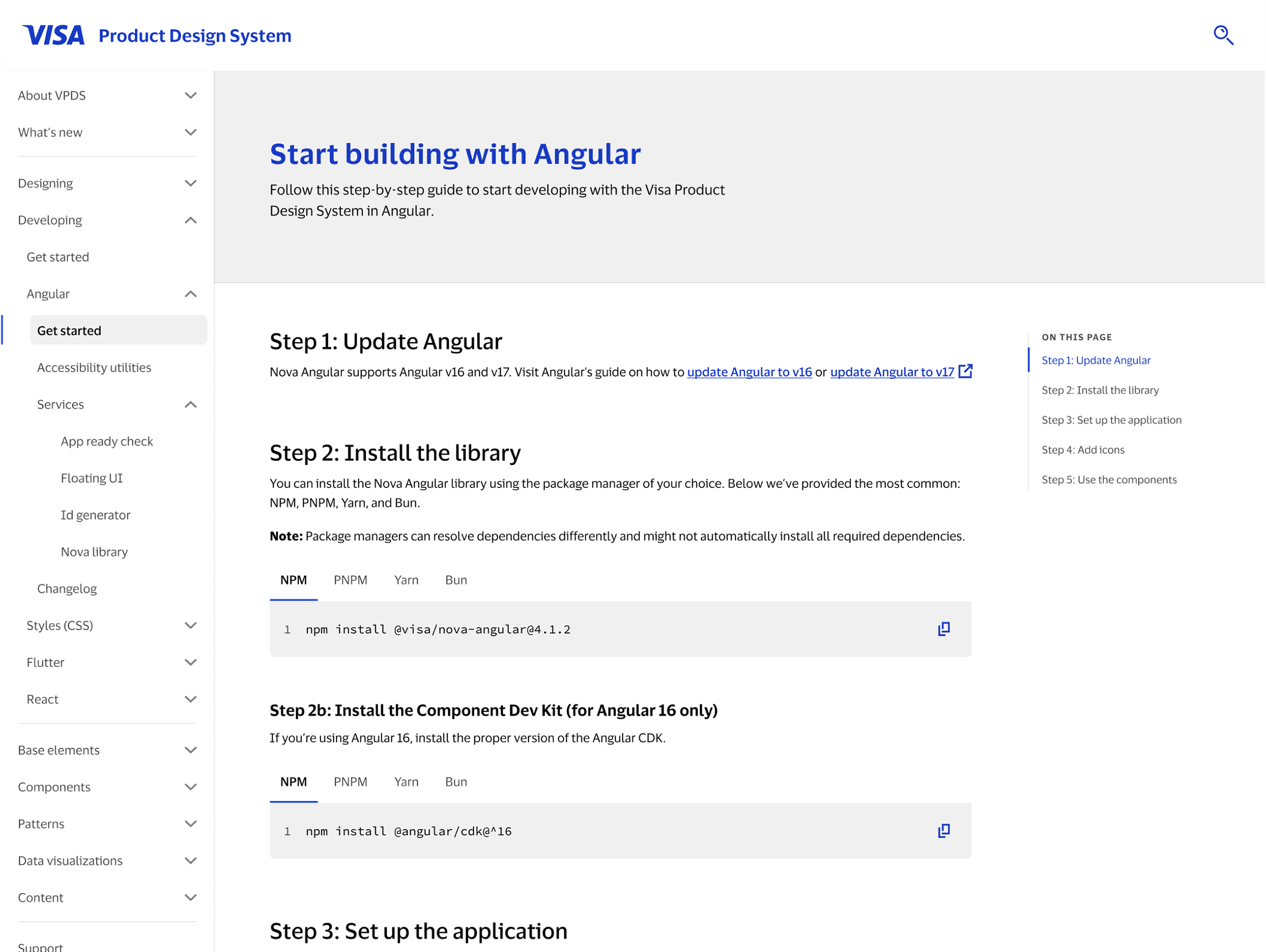 Start building with Angular guidance showing framework requirements, package managers, and installation commands
