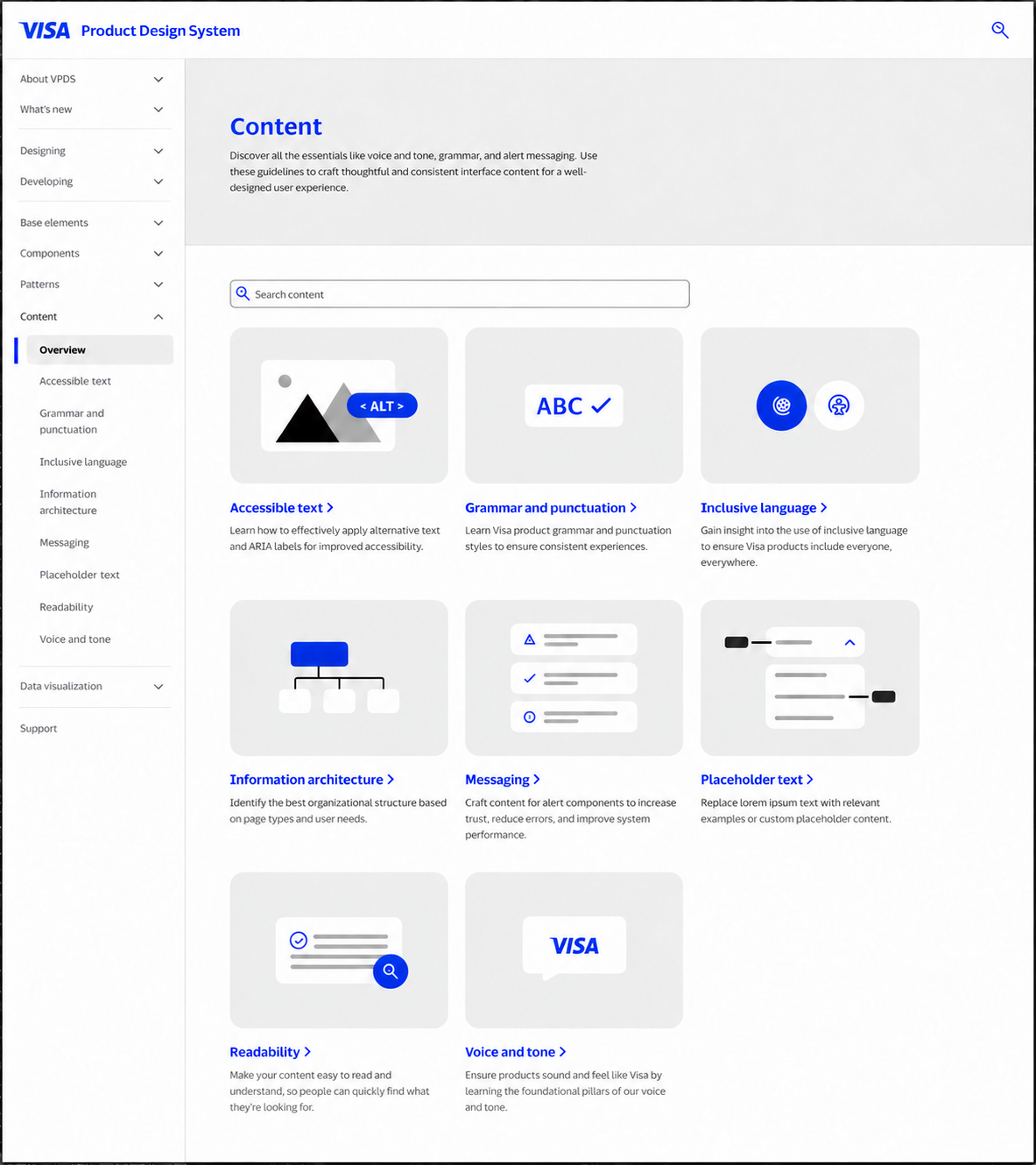 VPDS content guidance organized into dedicated topic pages