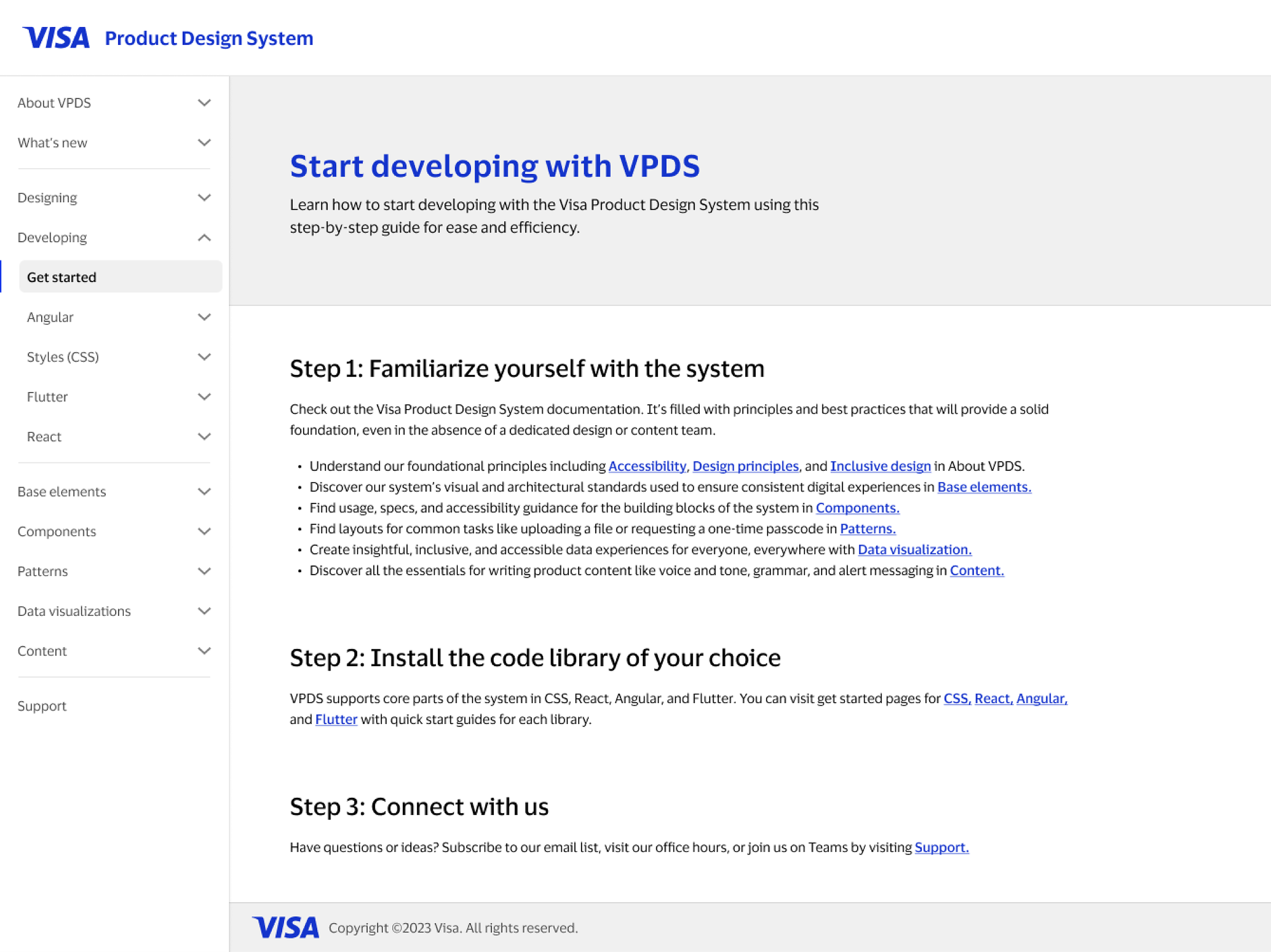Start developing with VPDS overview with system orientation and links to CSS, React, Angular, and Flutter setup guides