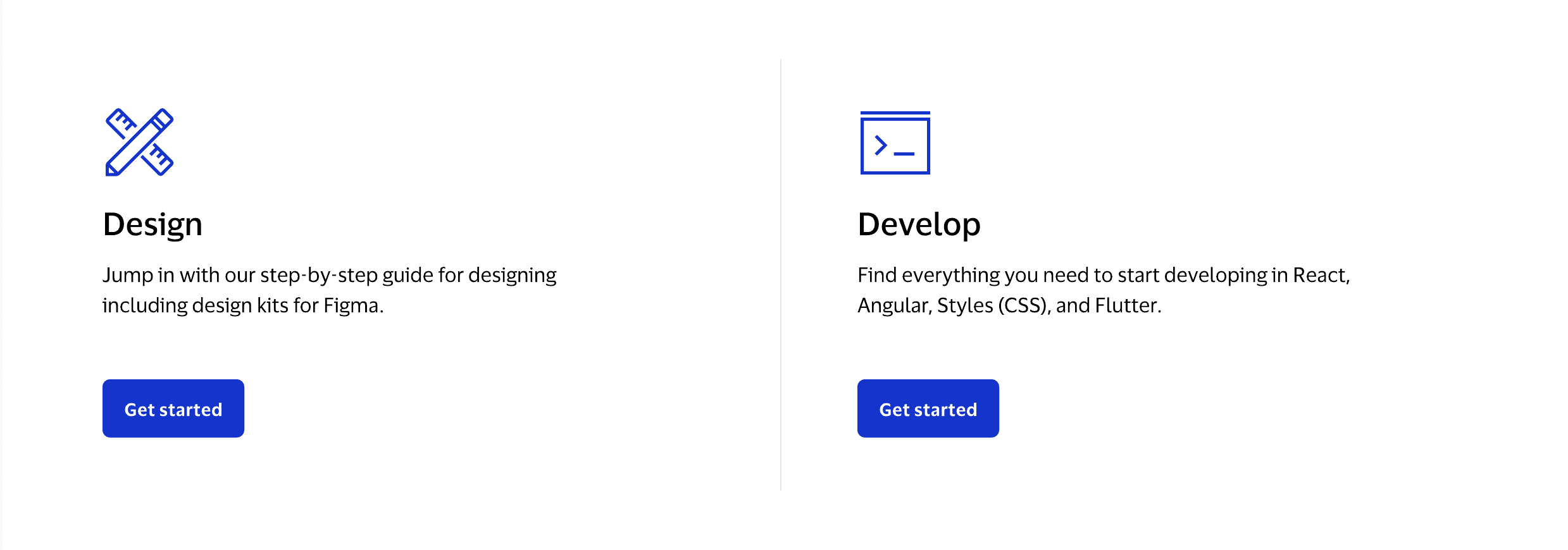 Design and Develop entry points, each with a Get started button, cropped from the VPDS homepage