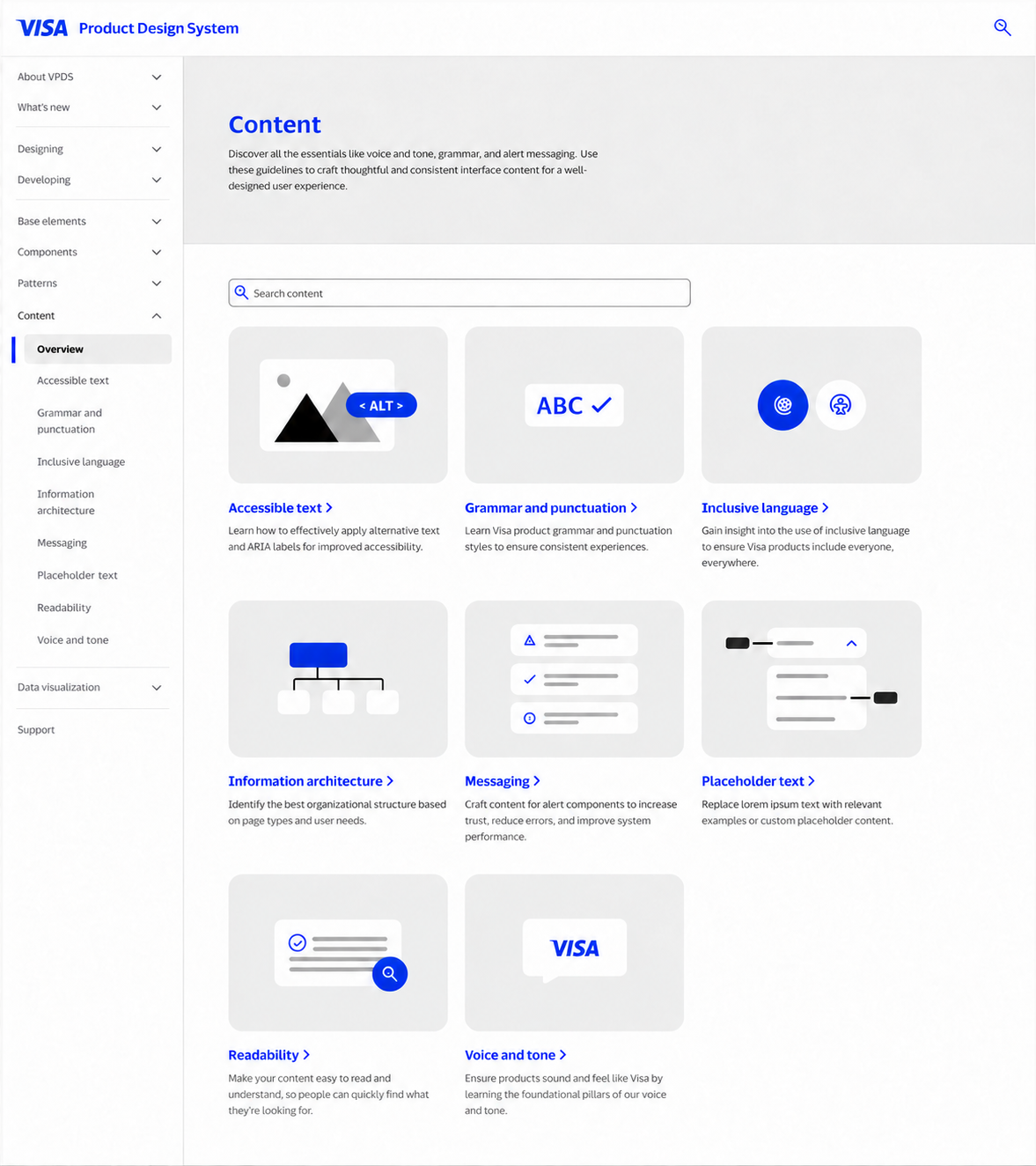 VPDS content overview with dedicated pages for accessible text, grammar and punctuation, inclusive language, information architecture, messaging, placeholder text, readability, and voice and tone