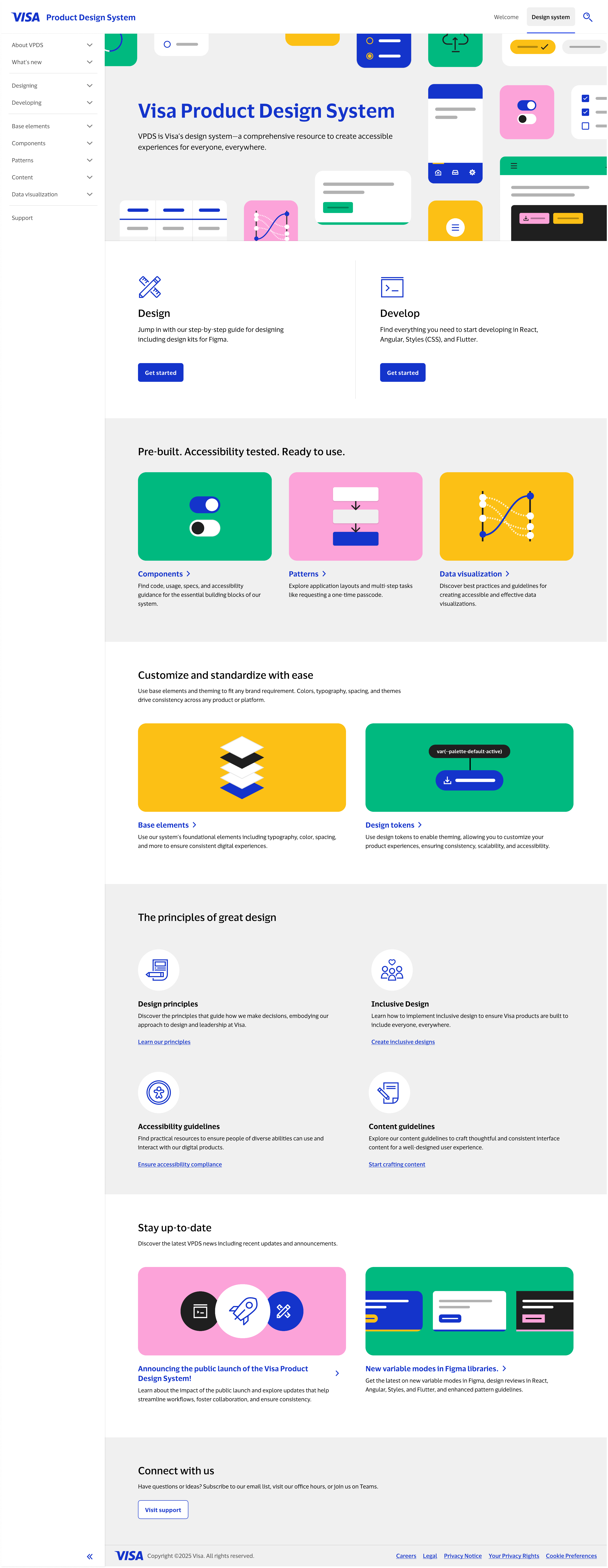 VPDS homepage with Design and Develop entry points and sections for components, patterns, data visualization, base elements, design tokens, and guidelines